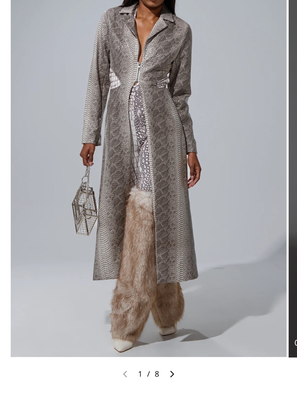 Akira brand new Long Snake-Print Trench Coat in Taupe